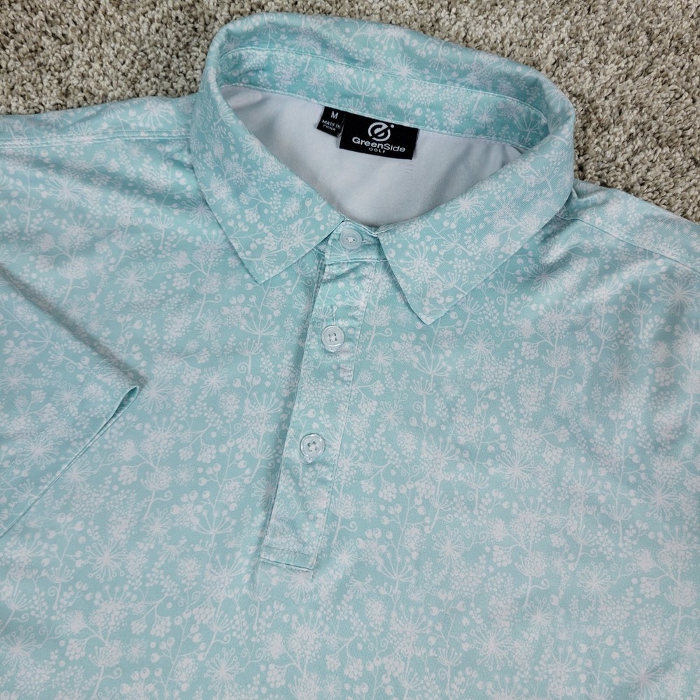 GreenSide Golf Mens Medium Light Blue White AOP Floral Performance Stretch Polo